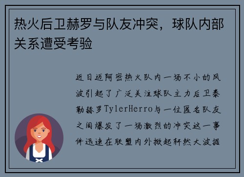 热火后卫赫罗与队友冲突，球队内部关系遭受考验