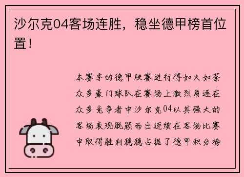 沙尔克04客场连胜，稳坐德甲榜首位置！